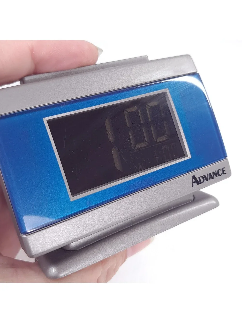 Advance travel alarm clock Model 3103 digital silver blue mini battery electric